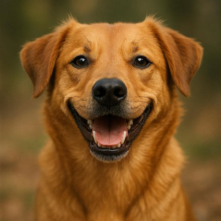 Portrait of a dog on a background of the forest. Close-up.の写真素材
