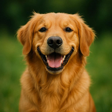 Portrait of a beautiful golden retriever dog on a green background