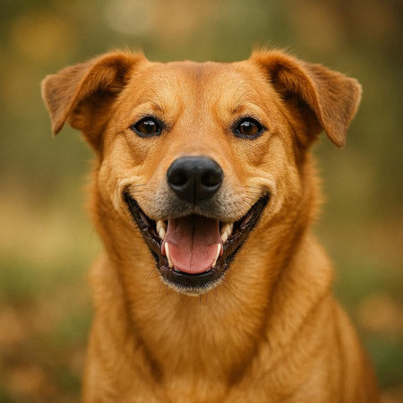 Close-up portrait of a brown dog on a background of green grassの写真素材
