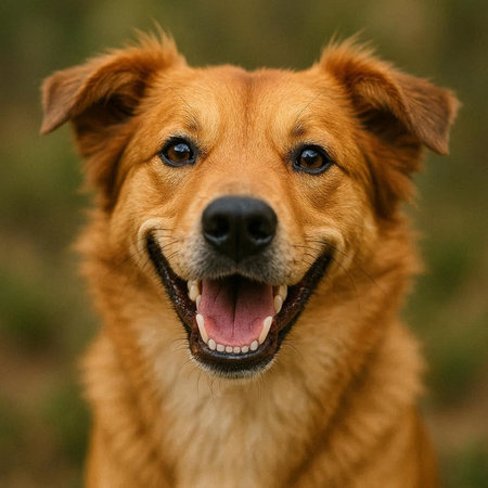Close-up portrait of a mixed breed dog looking at the cameraの写真素材