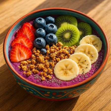 Healthy breakfast bowl with chia seeds, granola and fresh berries