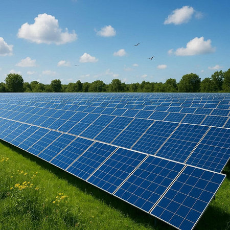Photovoltaic panels on a green meadow with blue sky