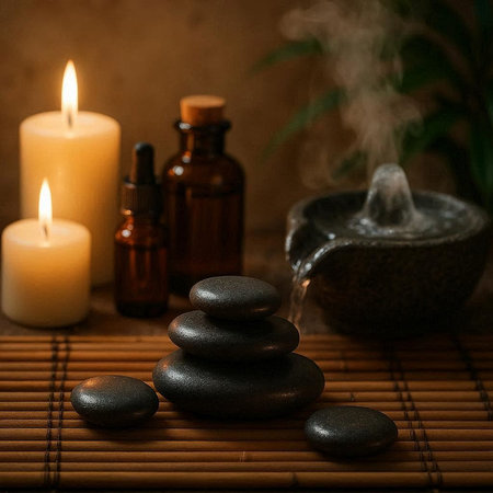 Spa still life with hot stones and burning candles on bamboo mat