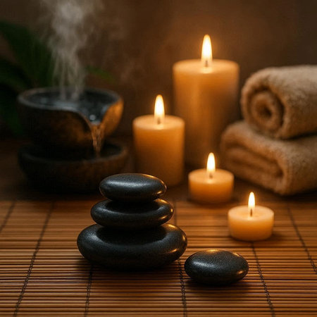 Spa still life with burning candles and massage stones on bamboo matの写真素材