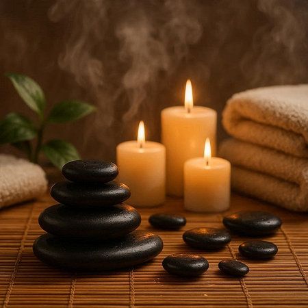 Spa still life with zen stones and candles on bamboo matの写真素材