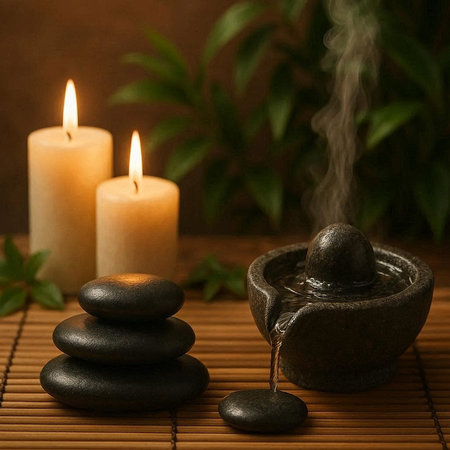 Spa still life with zen stones and candles on bamboo mat
