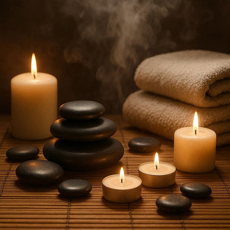 Spa still life with burning candles, zen stones and towels