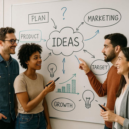 Group of multiethnic businesspeople standing near a whiteboard and discussing new ideas