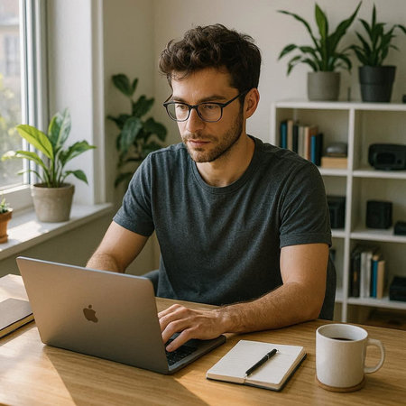 young man in eyeglasses using laptop while sitting at table at home