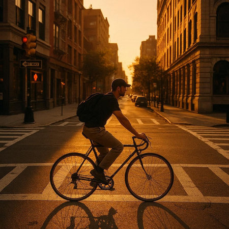 Cyclist riding a bicycle on the street in the city at sunsetの写真素材