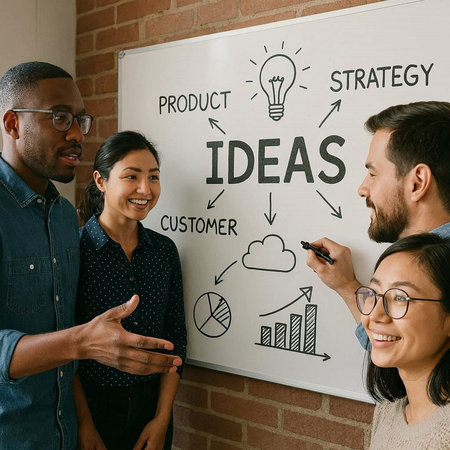 Group of diverse business people looking at a whiteboard with a business idea sketchの写真素材