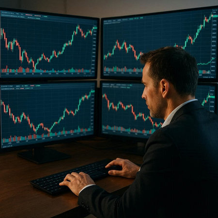 Side view of a businessman sitting at his desk in front of computer monitors with stock market data.