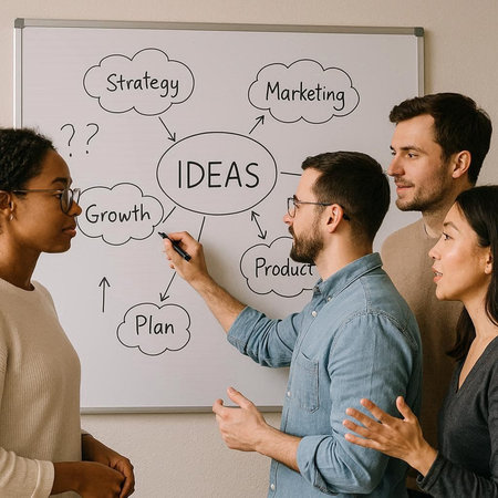 Group of multiethnic business people in casual clothes standing near the whiteboard and discussing...