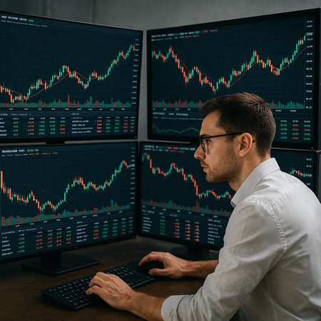 Side view of young businessman in eyeglasses working on computer monitors with stock market data on...