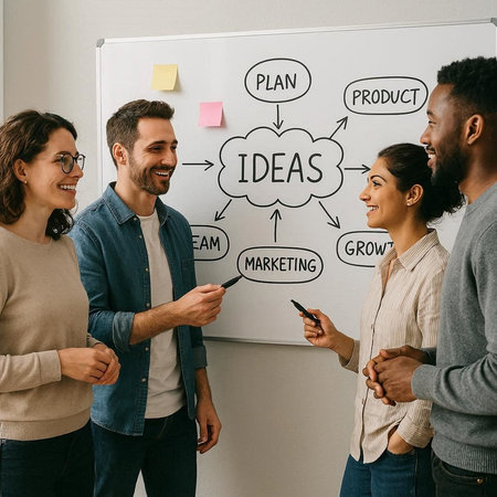 Group of young multiethnic business people in casual clothes standing near whiteboard with business...