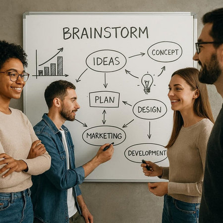 Group of young businesspeople standing near whiteboard with business plan sketchの写真素材