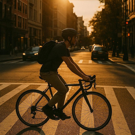 Cyclist in the city at sunset. Man riding a bicycleの写真素材
