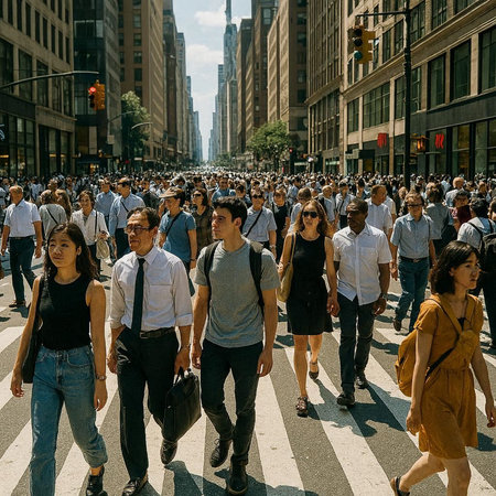 Crowd of people crossing the street in Manhattan, New York Cityの写真素材