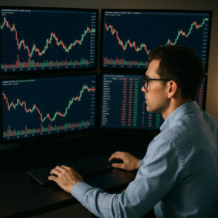 Side view of young man in eyeglasses looking at computer monitor with stock market data