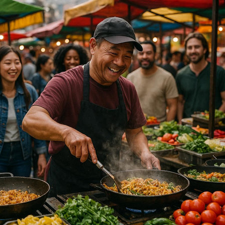 Smiling Asian man selling fresh vegetables at the street food market.の写真素材