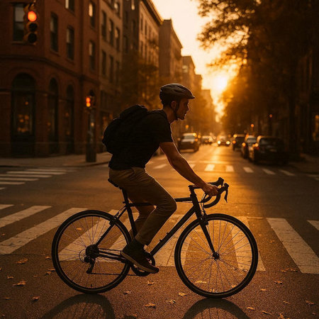 Young man riding bicycle in the city at sunset. Man riding bicycle in the city at sunset.の写真素材