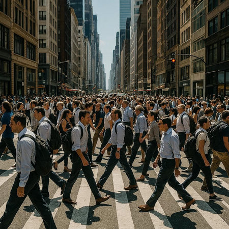 Crowds of people crossing the street in Manhattan.