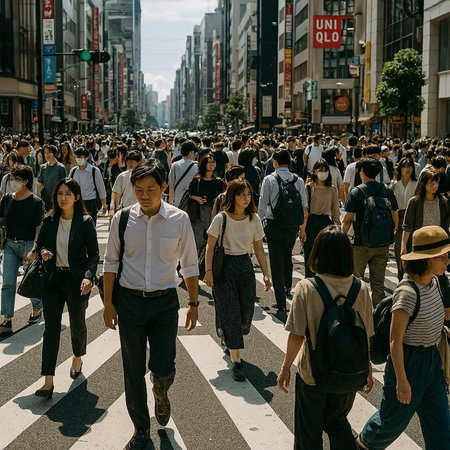 Unidentified people crossing the street in Tokyo, Japan.の写真素材