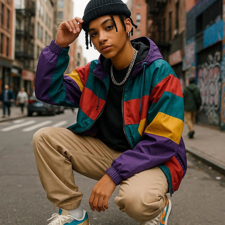 Stylish african american young woman with dreadlocks in a stylish jacket and hat posing on the...