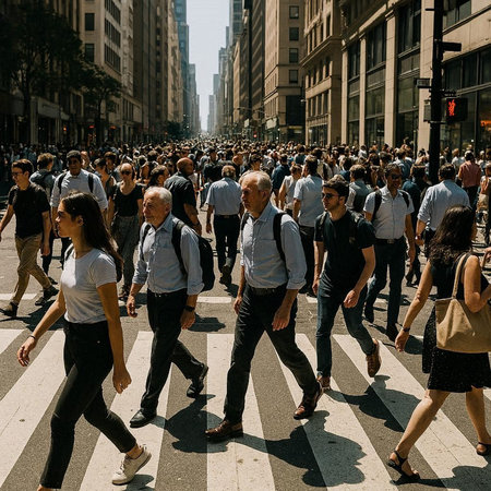 Crowds of people crossing the street in Manhattan.