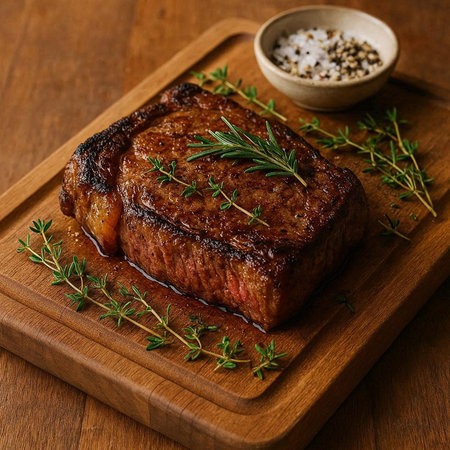 Grilled beef steak with rosemary and spices on wooden board.