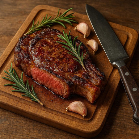 Grilled beef steak with rosemary and garlic on wooden cutting board