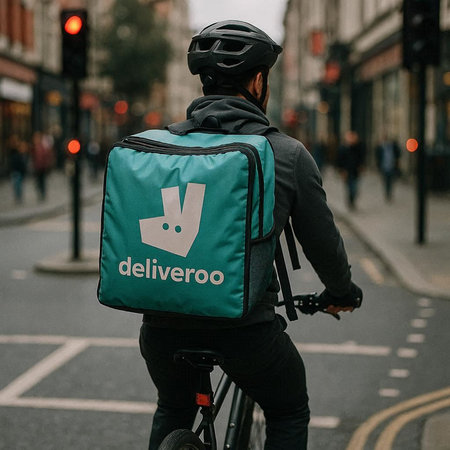 Delivery man with a thermo bag on a bicycle in London