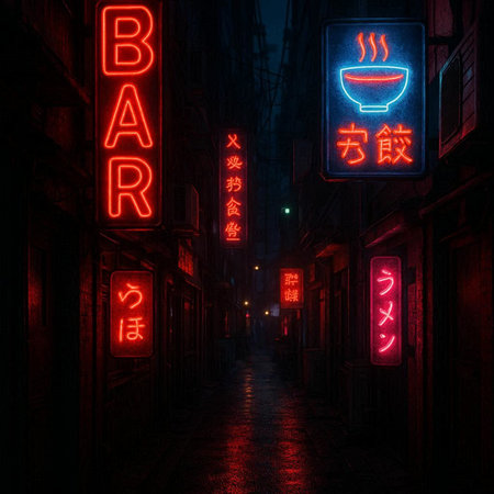 Illustration of a Chinese street with neon signs in the night.