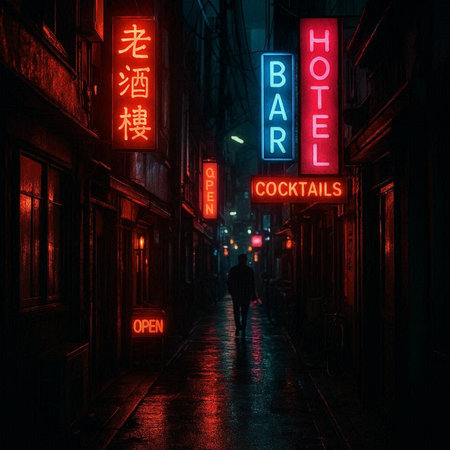 Illustration of a night street with neon signs in Hong Kong.