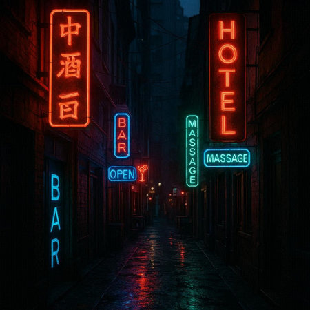 Narrow street with glowing neon signs in Hanoi, Vietnamの写真素材
