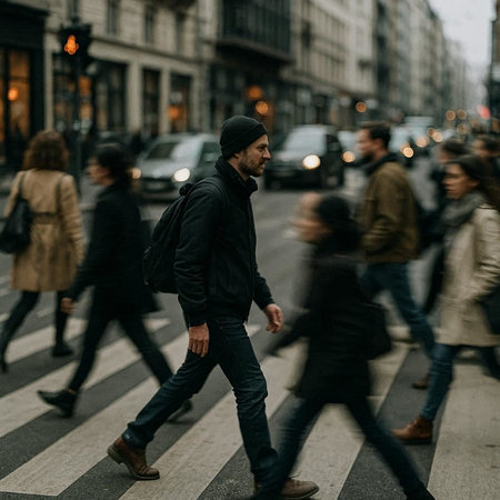 low angle view of man in black coat walking on zebra crossing
