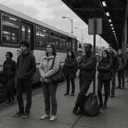 Group of people waiting for the train at the station. Black and white photo.