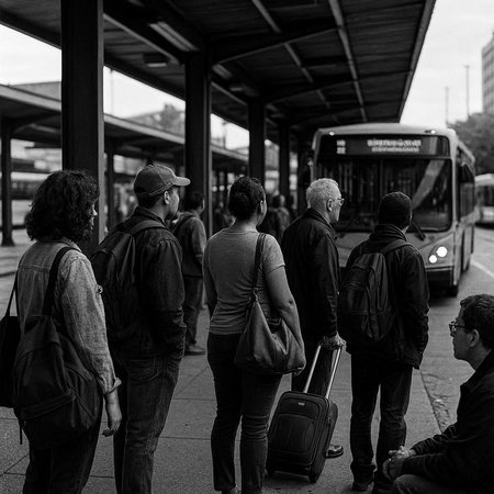People waiting for a bus at a bus stop in Berlin, Germanyの写真素材