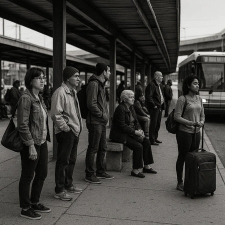 Group of people waiting for a bus at the bus stop in the city