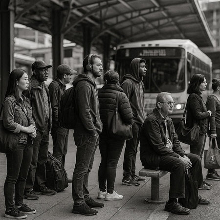 Group of people waiting at the bus station. Black and white.