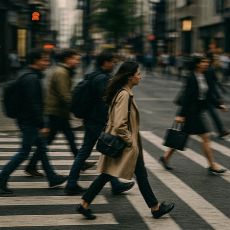 People walking in the city street at rush hour, motion blur.
