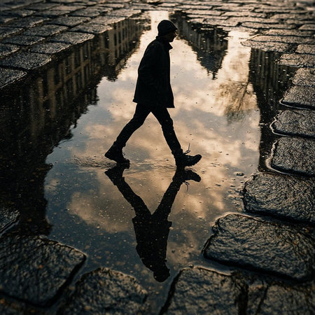 Silhouette of a man walking in a puddle with reflection