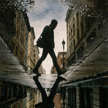 Silhouette of a man in a raincoat on the background of the city