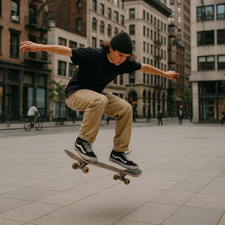 Skateboarder performing tricks on a skateboard in the city