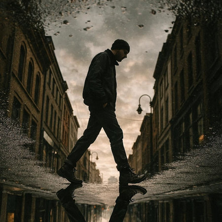 A young man in a black raincoat is walking in the rain.