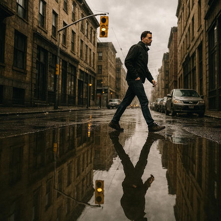 Handsome young man walking on a rainy day in the city