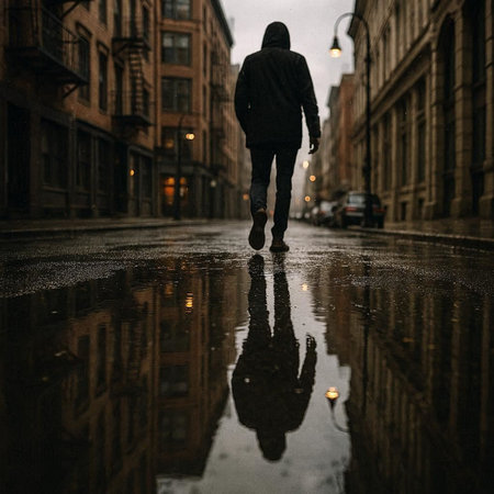 A man in a black jacket and jeans walks through a puddle.