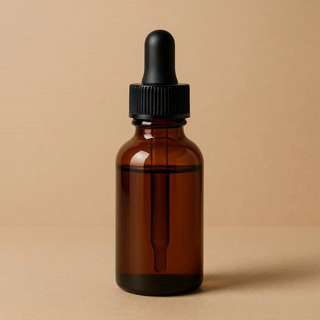 Brown glass dropper bottle with black pipette on beige background