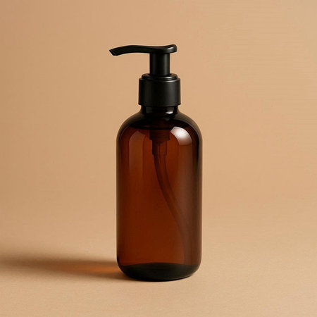 Brown glass bottle with liquid soap dispenser on beige background.の写真素材