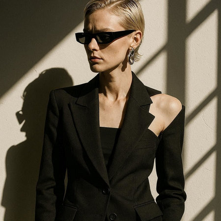 Fashion portrait of a beautiful blonde woman in a black suit and sunglassesの写真素材